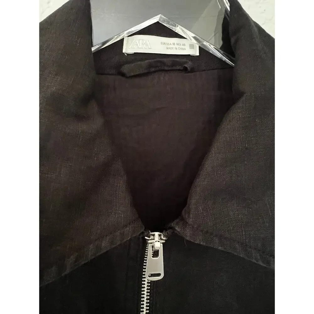 Zara Men's Black 100% Linen Zip-Up Harrington Jacket M Drawstring Hem